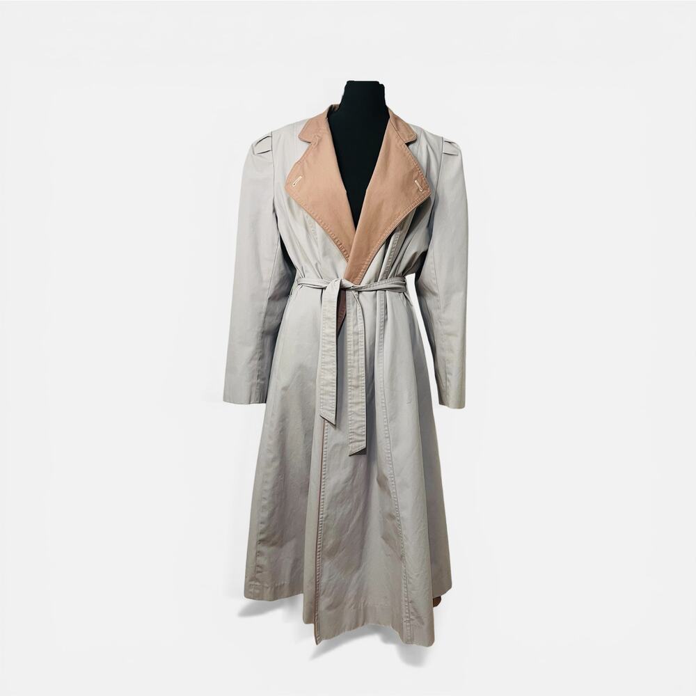 Vintage Casper Two Tone Trench Coat Grey Tan Belted 80s Minimalist Midi Jacket